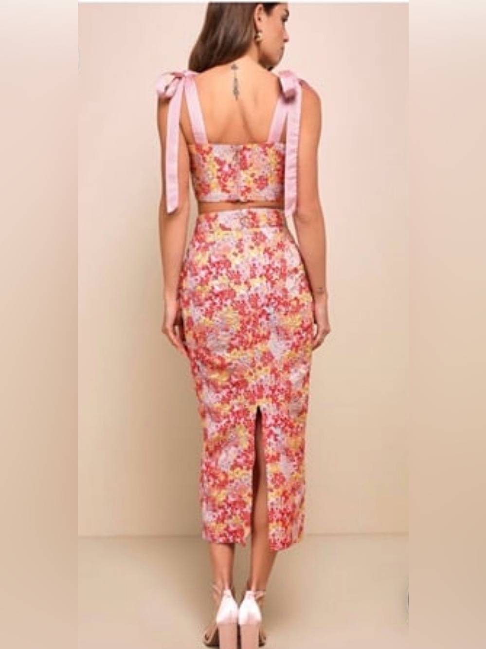NEW Ellarina Pink Multi Metallic Tie-Strap Two-Piece Midi Dress - Picture 2 of 13